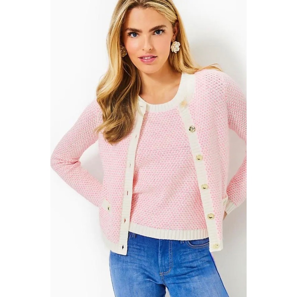 Lilly Pulitzer Cavan Sweater Set Pink White Cardigan Shell Size Large L New NWOT